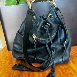 Roots Black Leather Drawstring Bucket Hobo Bag